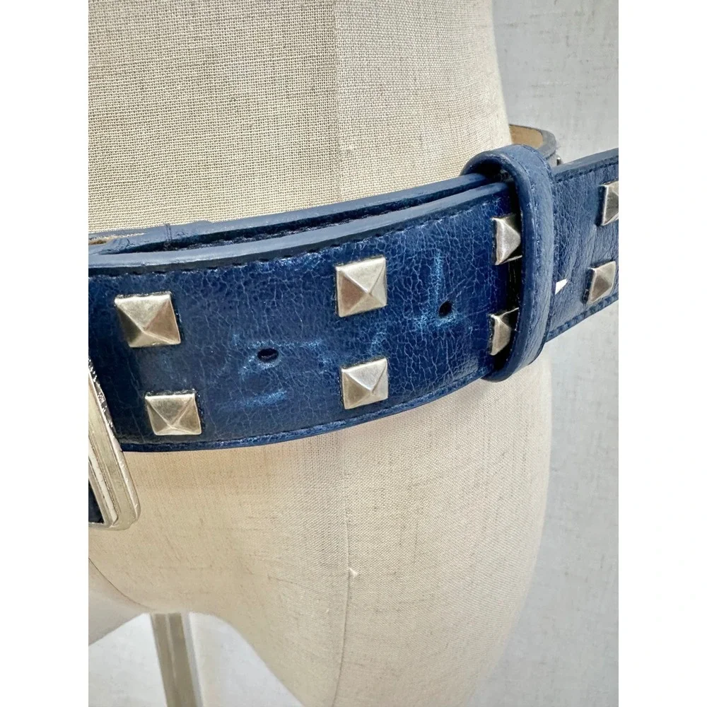 Pyramid‎ Studded Leather Belt Womens Small Navy Blue Silver Pyramid Punk Rock